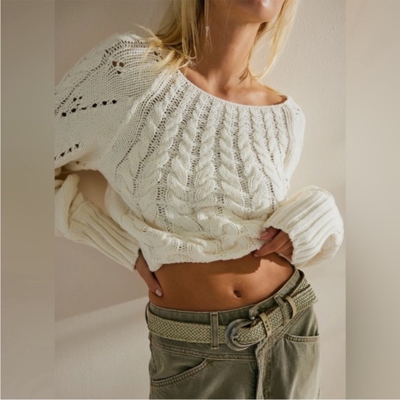 Free People Sandre Cable Knit Cropped Sweater in Cream Ivory White Size XL - Picture 1 of 8